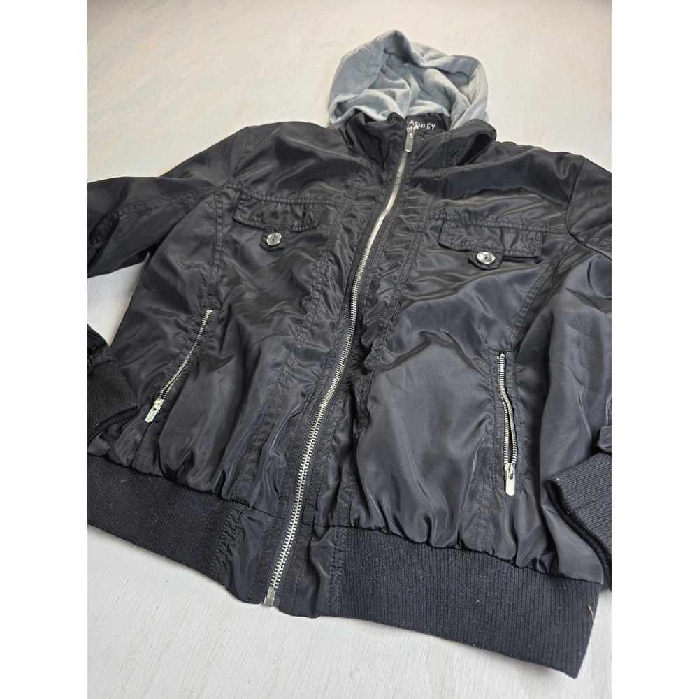 Ashley by 26 International Black Bomber Jacket Grey Hood Y2K Minimalist Large